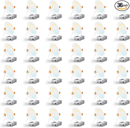 CHARKEE 36 Pack 6 Inch 5CCT Ultra-Thin LED Recessed Ceiling Light with Junction Box, 2700K-5000K, 1050LM High Brightness, Dimmable Canless Wafer Downlight,12W Eqv 110W, ETL & Energy Star & FCC