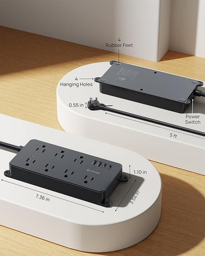 TROND Power Strip Surge Protector, 7 Widely-Spaced Outlets, 2 USB-A & 2 USB-C, ETL Listed, Flat Plug 5ft Extension Cord, Wall Mountable, 1700J, 14AWG Heavy Duty, for Home Office Garage, Black