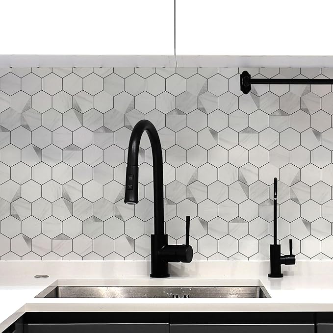 20-Sheet Hexagonal Peel and Stick Backsplash, Jazz White Kitchen Backsplash Wall Tiles, Stone Surface Waterproof Stick on Tile for Bathroom, RV, Fireplace