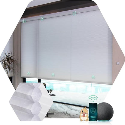 Yoolax Motorized Cellular Shades Compatible with Alexa, Light Filtering Motorized Blinds with Remote Smart Honeycomb Shades for Indoor Windows, Automatic Blinds Custom Size (Soft White)
