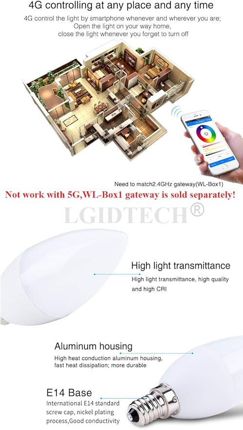 LGIDTECH FUT108 4W E14 LED 2.4GHz Candle Light Bulb AC100-240V RGB+CCT Color and Temperature Changeable,Memory Function.Smartphone APP Control via Gateway(Excluded)