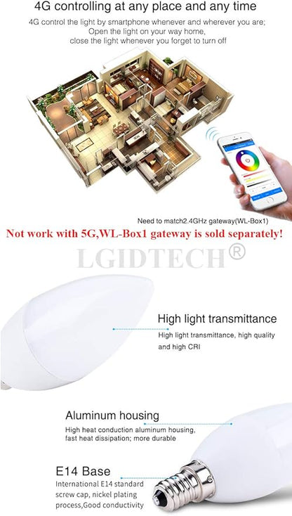 LGIDTECH FUT108 4W E14 LED 2.4GHz Candle Light Bulb AC100-240V RGB+CCT Color and Temperature Changeable,Memory Function.Smartphone APP Control via Gateway(Excluded)