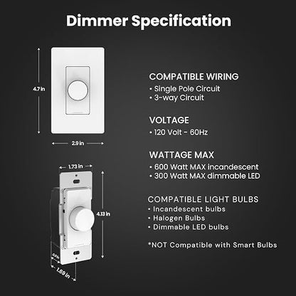 Feit Electric Smart WiFi Rotary Dimmer Switch, Neutral Wire Required, Single-Pole/3-Way/4-Way, Works with Alexa & Google Assistant, TRIAC Dimming, EZ Bluetooth Pairing, App Control, DIM/Rotary/WiFi