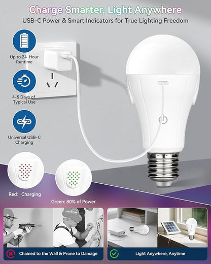 BoRccdit CordlessGlow Rechargeable Light Bulbs with Remote,5 RGB + 3 CCT Dimmable Battery Operated Light Bulb for Hardwired & Non-Wired Lamps Sconces,Presets + Custom Scenes,Up to 24 Hours, 4PK