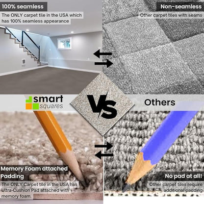 Smart Squares Easy Street Premium Plush Carpet Tiles, Made in USA – 18x18 Peel and Stick Floor Tiles with Attached Padding – Seamless DIY Carpet Squares (2.5 Sq Ft, 1 Tile, 815 Iron Frost)