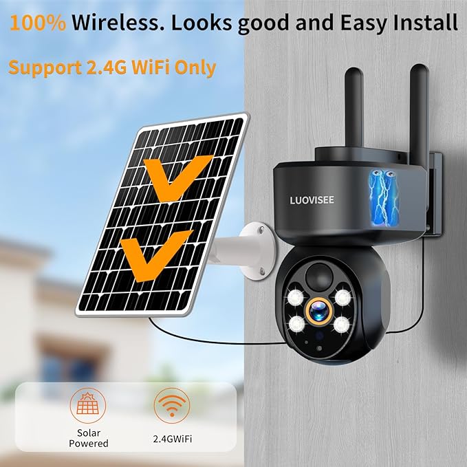 Luovisee 2K Solar Security Camera Wireless Outdoor,WiFi Cameras for Home Security Battery-Powered,Compatible with Alexa,360°PTZ Full Color Night Vision,PLR Alarm,2-Way Audio,Cloud/SD Storage