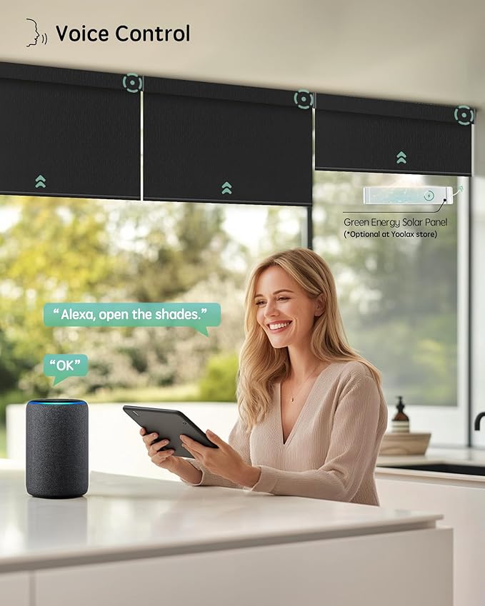Yoolax Motorized Blinds with Remote, Designer Smart Blinds Work with Alexa, Google, Apple Homekit, 100% Blackout Motorized Shades Custom Electric Shades Voice Control (V-Midnight Stripe)