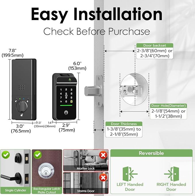 Eseesmart Smart Lock with Palm Vein, Keyless Entry Smart Locks with Doorbell, Upgraded 10000mAh Rechargeable Battery, Built-in WiFi Alexa Control with Display Screen, Auto-Lock, IP65 Waterproof
