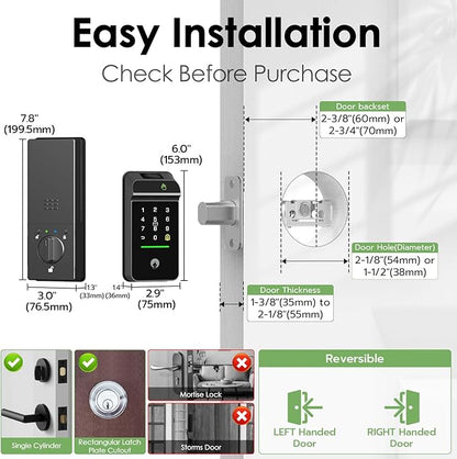 Eseesmart Smart Lock with Palm Vein, Keyless Entry Smart Locks with Doorbell, Upgraded 10000mAh Rechargeable Battery, Built-in WiFi Alexa Control with Display Screen, Auto-Lock, IP65 Waterproof