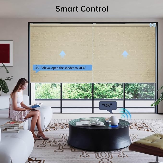 Motorized Coupled Shades, Blackout Smart Blinds for Large Windows Automatic Blinds Compatible with Alexa, Motorized Roller Shades Customized for Bedroom Home Office(Blackout-Jacquard Coffee)