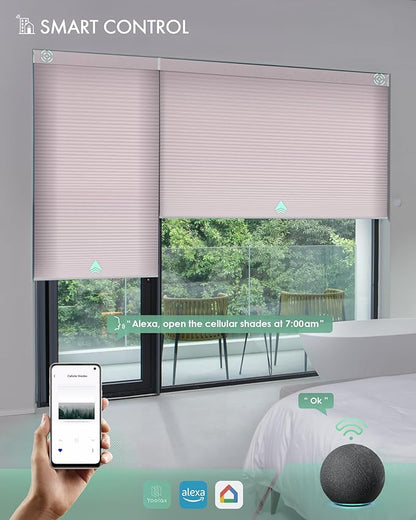 Yoolax Motorized Cellular Shades Compatible with Alexa, Light Filtering Motorized Blinds with Remote Smart Honeycomb Shades for Indoor Windows, Automatic Blinds Custom Size (Light Pink)