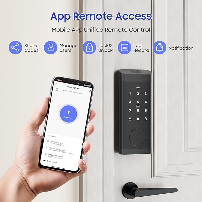 ECOSUNNY Smart Lock Keyless Entry Door Lock, Front Door Lock Set with Fingerprint & Anti-Peep Password, Smart Door Lock with Built-in Wi-Fi and App Control, IP66 Weatherproof for Rentals & Home