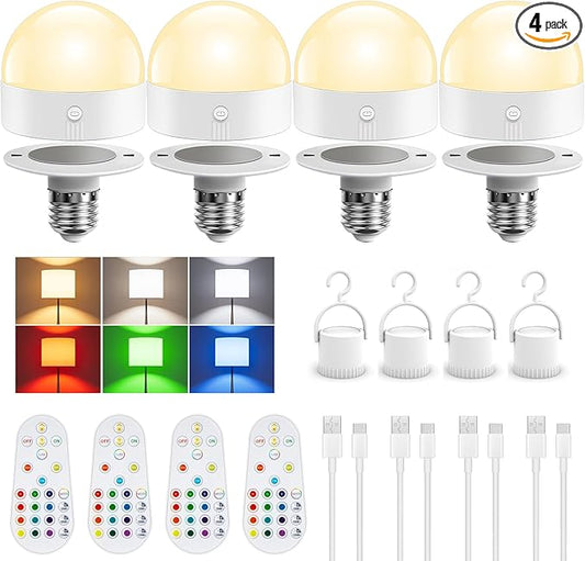 TJOY E26 Rechargeable Light Bulb with Remote and Timer, Battery Operated Bulb with 3 Color Temperatures and 15 RGB Colors, Dimmable Wireless LED Bulb for Lamps, Detachable Charging for Sconces, 4 Pack