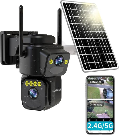 LETSCEE Security Cameras Outdoor WiFi,5G/2.4G Cameras for Home Security Solar Power with Dual Lens,Motion Detection,Night Vision,2-Way Audio,Weather Proof,No Subscription Fee