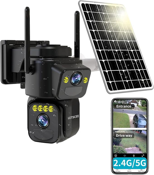 LETSCEE Security Cameras Outdoor WiFi,5G/2.4G Cameras for Home Security Solar Power with Dual Lens,Motion Detection,Night Vision,2-Way Audio,Weather Proof,No Subscription Fee