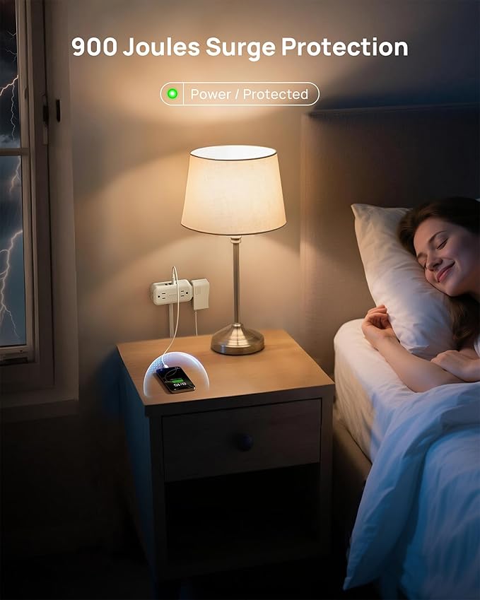 TROND 360° Rotating Flat Plug Power Strip, 1.5FT Extension Cord with 4 USB Ports, 4 Wide Spaced AC Outlets, Wall Mount, 900J Surge Protector for Office Travel Dorm Room Essentials, White