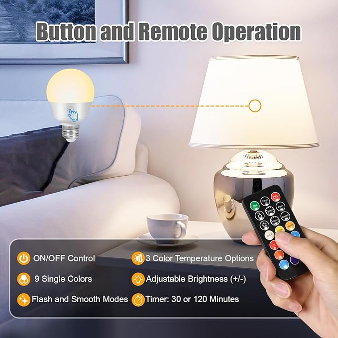 Lampelc E26 Battery-Operated Rechargeable Light Bulbs with Remote and Timer for Lamps, Sconces, and Non-Hardwired Fixture, 3 Color Temperatures + 9 RGB Colors, Detachable Charging – 2 Pack