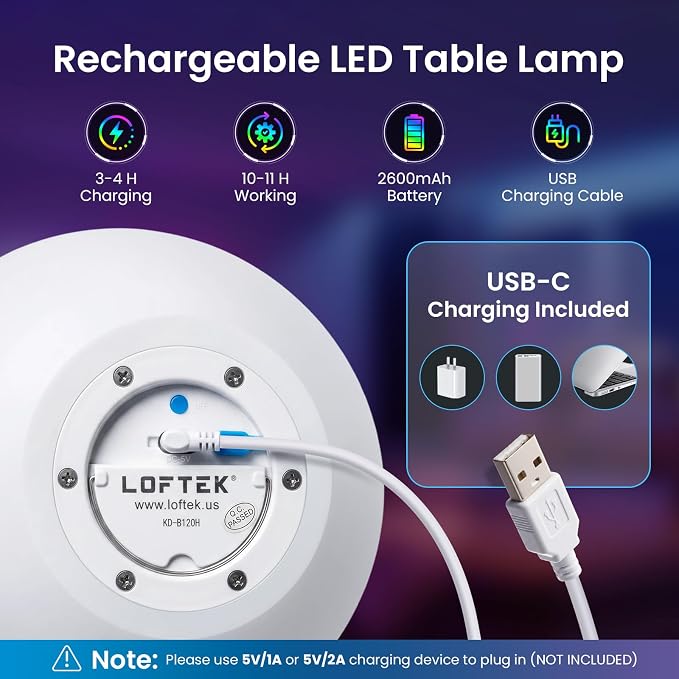 LOFTEK 8-inch LED Ball Light, Rechargeable Colar Change Lamp with Remote | 25 Modes, 11 RGB Colors Orb Light, Dimmable, Cordless & Timer, Mood Lighting for Home Bedroom Patio Decorative Lighting