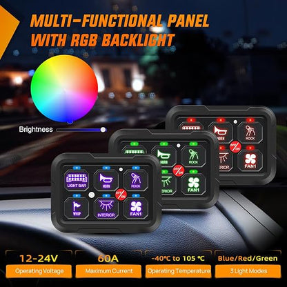 Nilight 6 Gang Switch Panel Relay System w/APP Control Automatic Dimmable | RGB Backlight Panel Circuit Control 2-side Output Fuse Wiring Harness ON Off LED Switch Pod for 12V 24V Car Truck Camper SUV