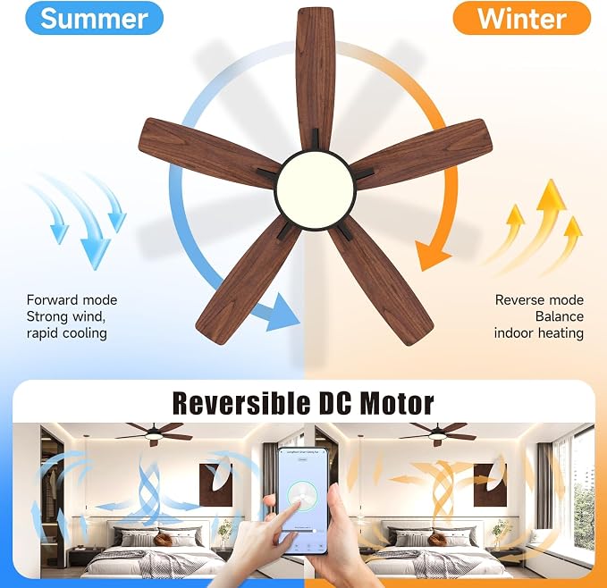 Roomratv 52 Inch Smart Ceiling Fan Compatible with App/Alexa/Google home | Black,Beep-Off Function,Ultra Quiet,Bright and Dimmable Led Light,Energy saving,Reversible,Remote Control,Rustic Farmhouse