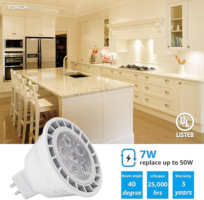 TORCHSTAR MR16 LED Bulb Dimmable, Aluminum, 12V 7W, GU5.3 Bi-Pin Base MR16 LED Spotlight, UL Listed, Spot Light Bulbs for Recessed Track Lighting, 3000K Warm White, Pack of 6