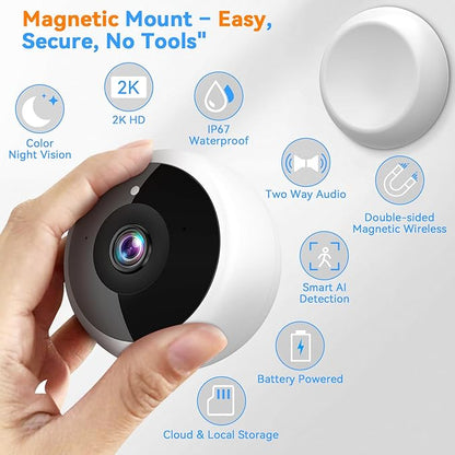 Thybro Magnetic Security Camera Wireless - 2Pack AI Motion Detection, 2K HD Video, Battery Powered, Ease of Setup, 2-Way Audio,IR Color Night Vision, Waterproof, Outdoor & Indoor Surveillance