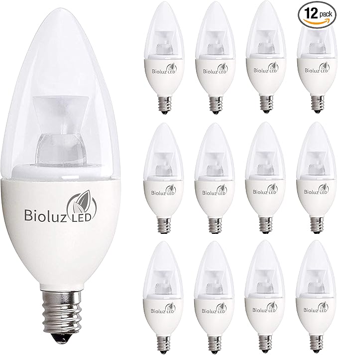 Bioluz LED Light Bulb 40 Watt Candelabra 4.5W Dimmable Candelabra LED Bulbs C37 E12 Led Bulb,325 Lumens,120° Beam Angle 3000K Soft White LED Candle Light Bulbs for Home Decor UL Listed Pack of 12