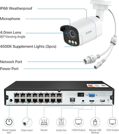 ZOSI 4K 16CH PoE Security Camera System, 16pcs 4K C186 Aurora Lux PoE Cameras Outdoor, True Full Color Night Vision, Person Vehicle Detection, 2 Way Audio, 8MP 16CH NVR with 4TB HDD for 24/7 Recording