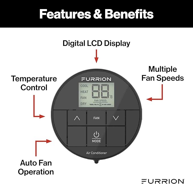 Furrion Chill HE RV Thermostat Single Zone Wall Control, Backlit LCD, Heat Cool Fan Dry Modes, 2 Fan Speeds Auto Fan, 12V, Compatible with Furrion Chill HE Systems - FACW10ESSA-BL