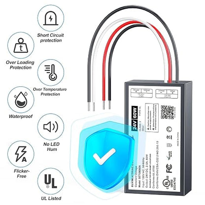 60W Dimmable LED Driver 24V,Triac ELV/MLV LED Transformer Compatible with Lutron&Leviton Switches,Dimmable Led Power Supply for Indoor/Outdoor LED Lights,UL&FCC-Listed