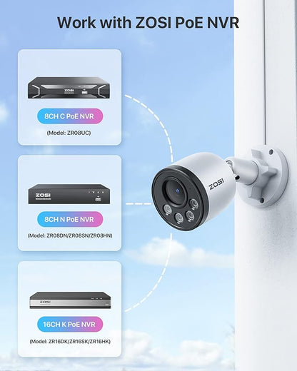 ZOSI 4PK 4MP Add-on Camera with Ethernet Cables,Outdoor PoE IP Bullet Security Camera with Audio,Night Vision,Smart Human Detection,IP66 Weatherproof,Remote Access,Only Work PoE NVR System