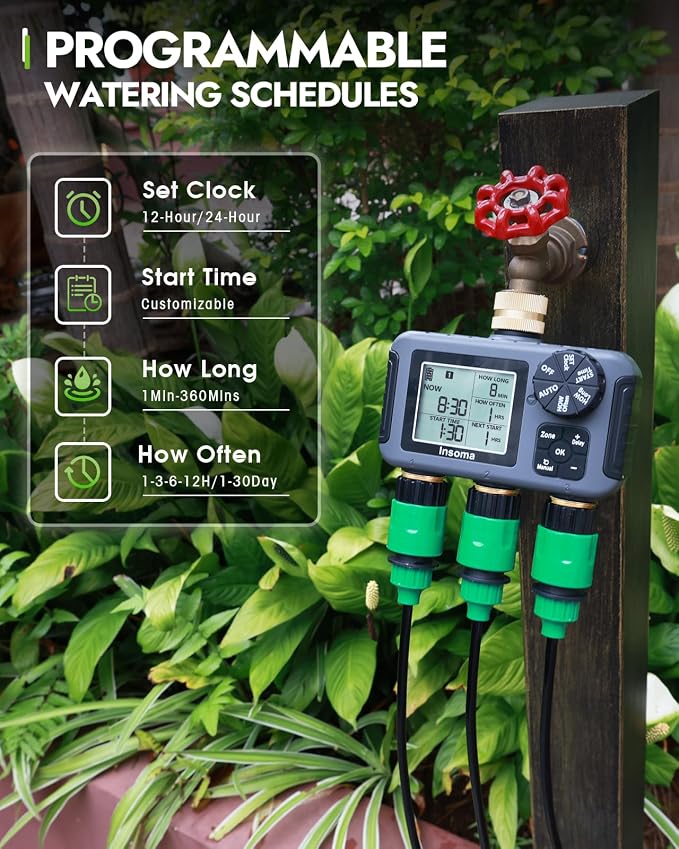 Insoma 3 Outlet Sprinkler Timer Brass Inlet & Outlet, Programmable Garden Hose Timer with Rain Delay, Manual& Automatic Watering System