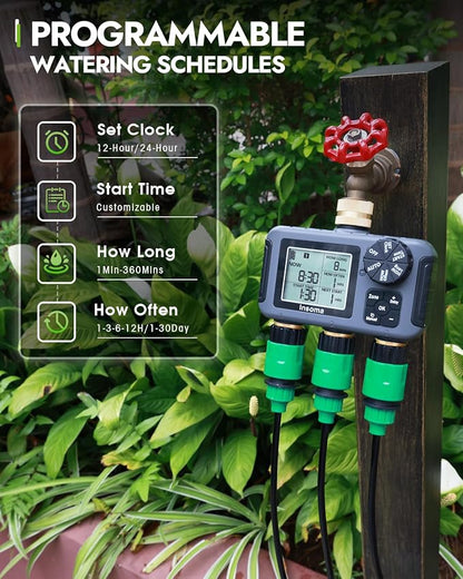 Insoma 3 Outlet Sprinkler Timer Brass Inlet & Outlet, Programmable Garden Hose Timer with Rain Delay, Manual& Automatic Watering System