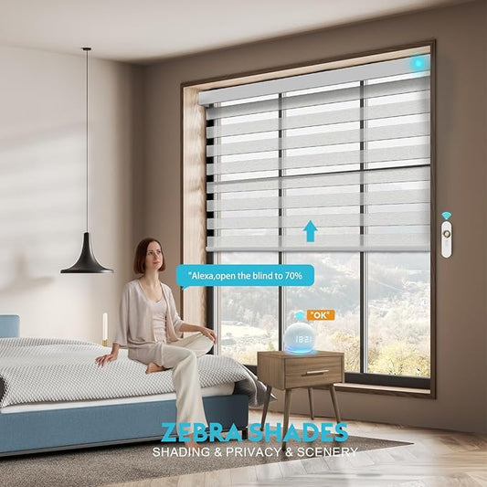 Motorized Zebra Blinds with Remote, Work with HomeKit Alexa, Smart Light Filtering Horizontal Automatic Electric Window Shades for Home Office Customsize(55% Blackout Treebark Light Grey)