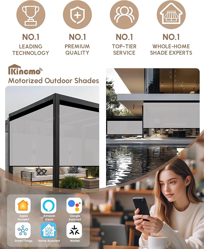 Kincmo Motorized Outdoor Shades for Patio Porch, Custom Outdoor Motorized Blinds with Remote, Waterproof & Windproof Patio Shades Work with Apple Homekit,Alexa,Google (1% Openness White Grey)