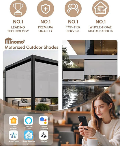Kincmo Motorized Outdoor Shades for Patio Porch, Custom Outdoor Motorized Blinds with Remote, Waterproof & Windproof Patio Shades Work with Apple Homekit,Alexa,Google (1% Openness White Grey)