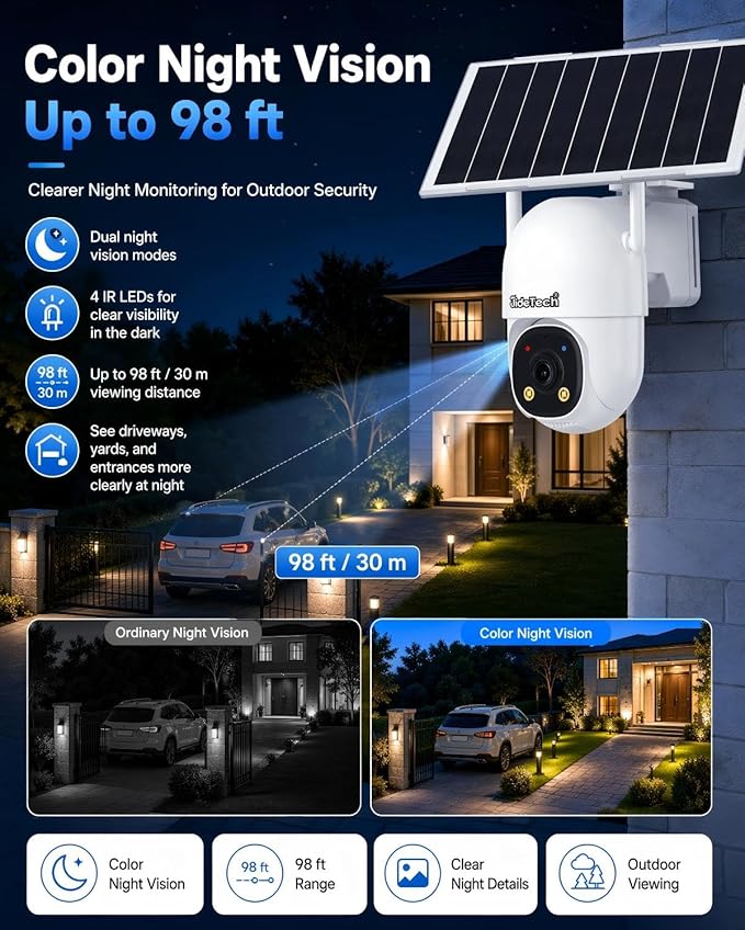 JideTech 24/7 Recording 4G LTE Cellular Security Outdoor Camera, No WiFi Always-On Video AOV PTZ Camera, 8W Solar Panel & 13500mAh Battery, Auto Tracking, Color Night Vision, Built in SIM Card