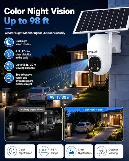 JideTech 24/7 Recording 4G LTE Cellular Security Outdoor Camera, No WiFi Always-On Video AOV PTZ Camera, 8W Solar Panel & 13500mAh Battery, Auto Tracking, Color Night Vision, Built in SIM Card
