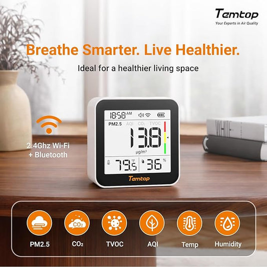 Temtop M10+ WiFi Air Quality Monitor, Rechargeable CO2 Detector with PM2.5 TVOC AQI Temperature and Humidity, 6-in-1 Indoor Pollution Meter with App Control, Data Export, E-Ink Screen for Home Office