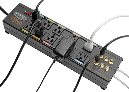 Tripp Lite Isobar 10 Outlet Audio/Video Surge Protector Tel/Modem/Coax/Network 8ft Cord Right Angle Plug, & $500,000 Insurance (HT10DBS) Black