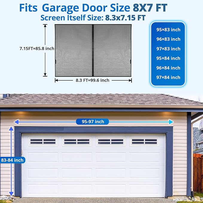 Garage Door Screen for 1 Car 8x7FT, Magnetic Screen Garage with Retractable Fiberglass Mesh and Heavy Duty Weighted Bottom, Easy Assembly & Pass, Hands Free Screen Door w/ 40 Magnets for Garage/Patio