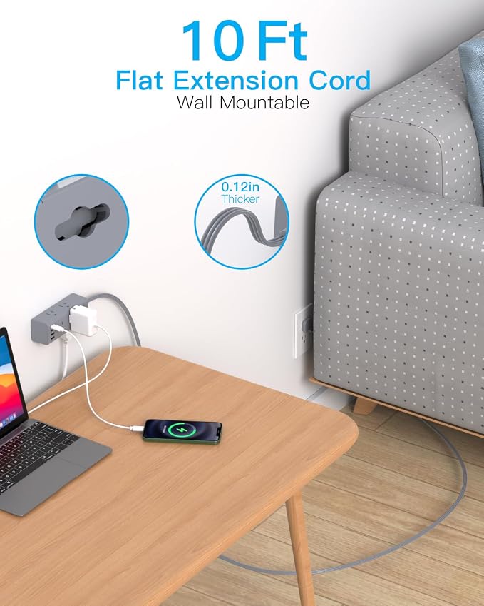 One Beat 10Ft Extension Cord with Multiple Outlets,Flat Plug Power Strip