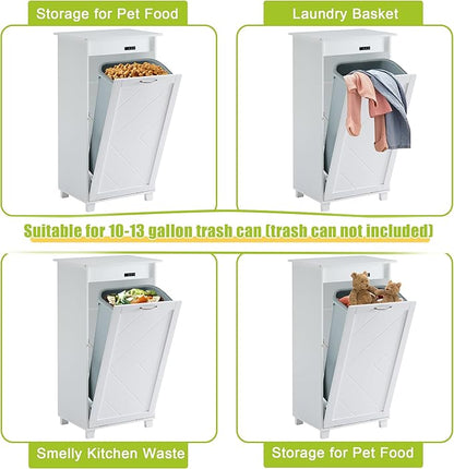 VECELO Tilt Out Kitchen Trash Bin Cabinet, Dog Proof Garbage Can with Wood Holder Free Standing Recycling, White