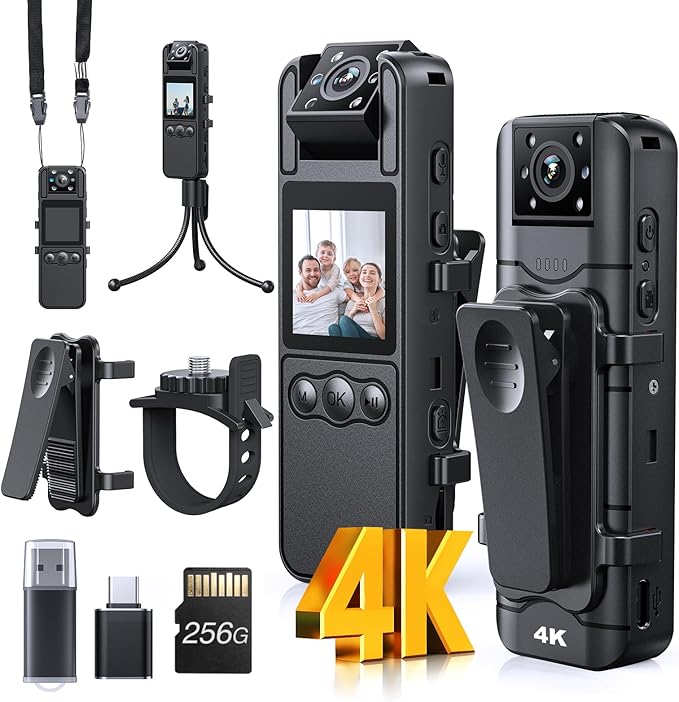 Z11 4K Body Camera with Audio and Video Recording, 256GB Small Body Cam with 180° Rotating Lens, 6HR Battery & Night Vision, Wearable Camera for Pet, Home, Office, Security Police Law Enforcement