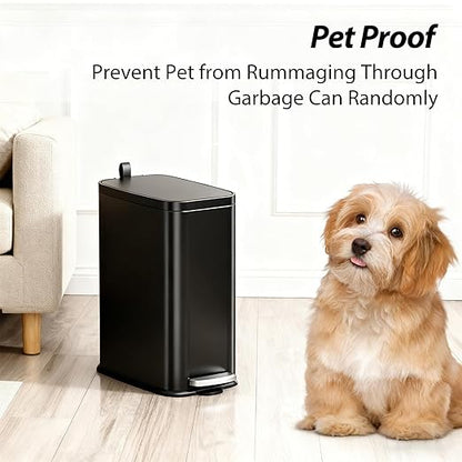 1.6 Gallon Bathroom Trash Can with Lid Soft Close, Small Black Stainless Steel Step Pedal Garbage Can, Removable Inner Bucket, Includes 60 Trash Bags