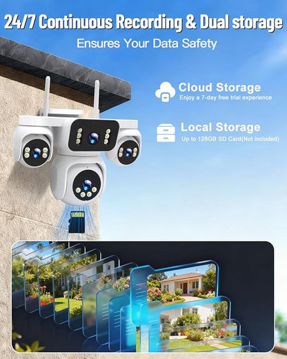 4-in-1 Wireless Outdoor Security Camera, Quad-View PTZ with 8MP HD, 16X Zoom, AI Human/Pet Detection, Color Night Vision, IP66 Weatherproof, 2-Way Audio, Dual Storage for Home Security