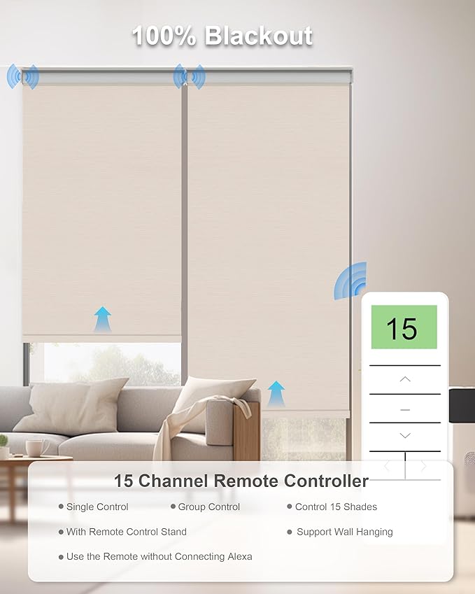 Motorized Blinds with Remote Control, Smart Blackout Automatic Blinds Work with Homekit Alexa Google Home, Rechargeable Electric Window Roller Shades with Valance, Customized Size (Texture Cream)