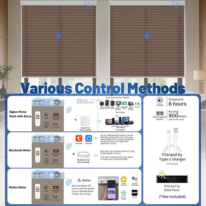 Motorized Cellular Shades with Remote, Light Filtering Smart Cellular Shades Compatible with Alexa, Honeycomb Window Blinds for Bedroom Home Office, Custom Size, Half Shading Brown
