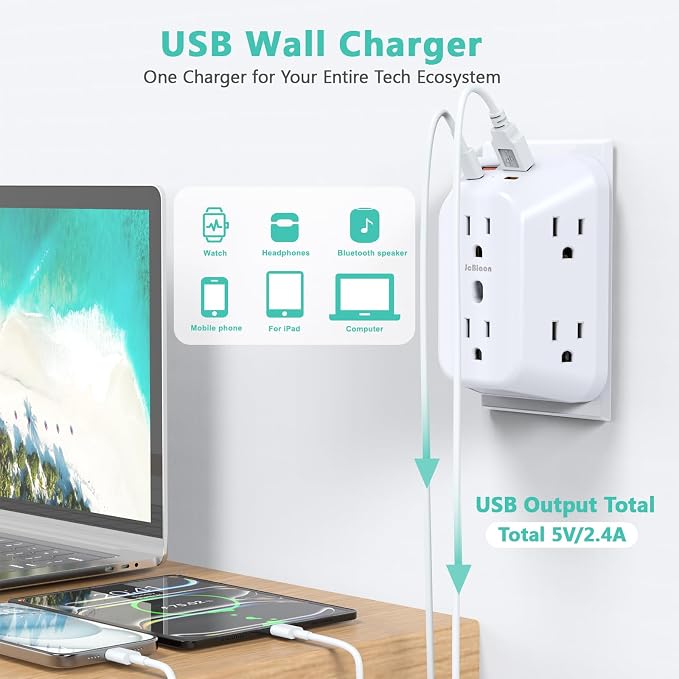 2 Pack Outlet Extender Surge Protector, 6 Outlet Splitter with 4 USB Ports (2 USB C), Multiple Plug Expander Wall Charger, 4 Sided 1050 J Multi Plug Wall Adapter Power Strip for Home Office Kitchen