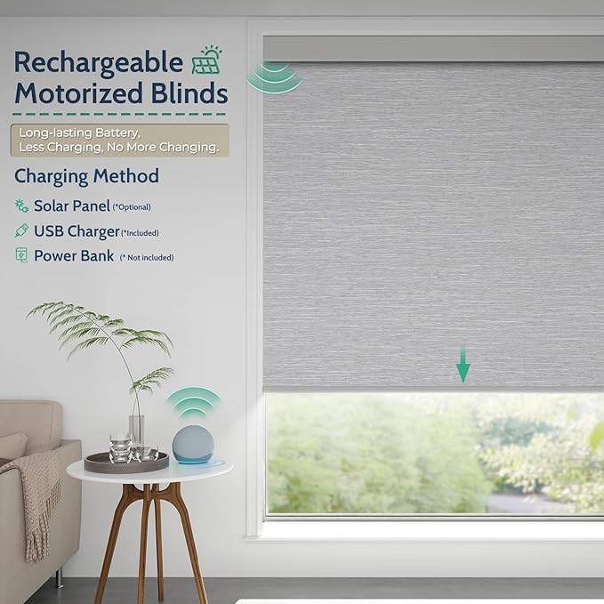Motorized Blinds with Remote, Blackout Rechargeable Automatic Roller Shades, Cordless Smart Blinds Compatible with Alexa via Hub, Custom Blinds for Indoor Windows, Summer-Haze Gray